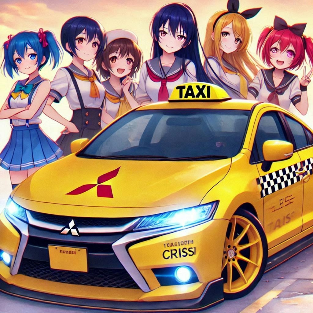 ラブライブキャラと三菱ランサーイエロータクシーのドリ車