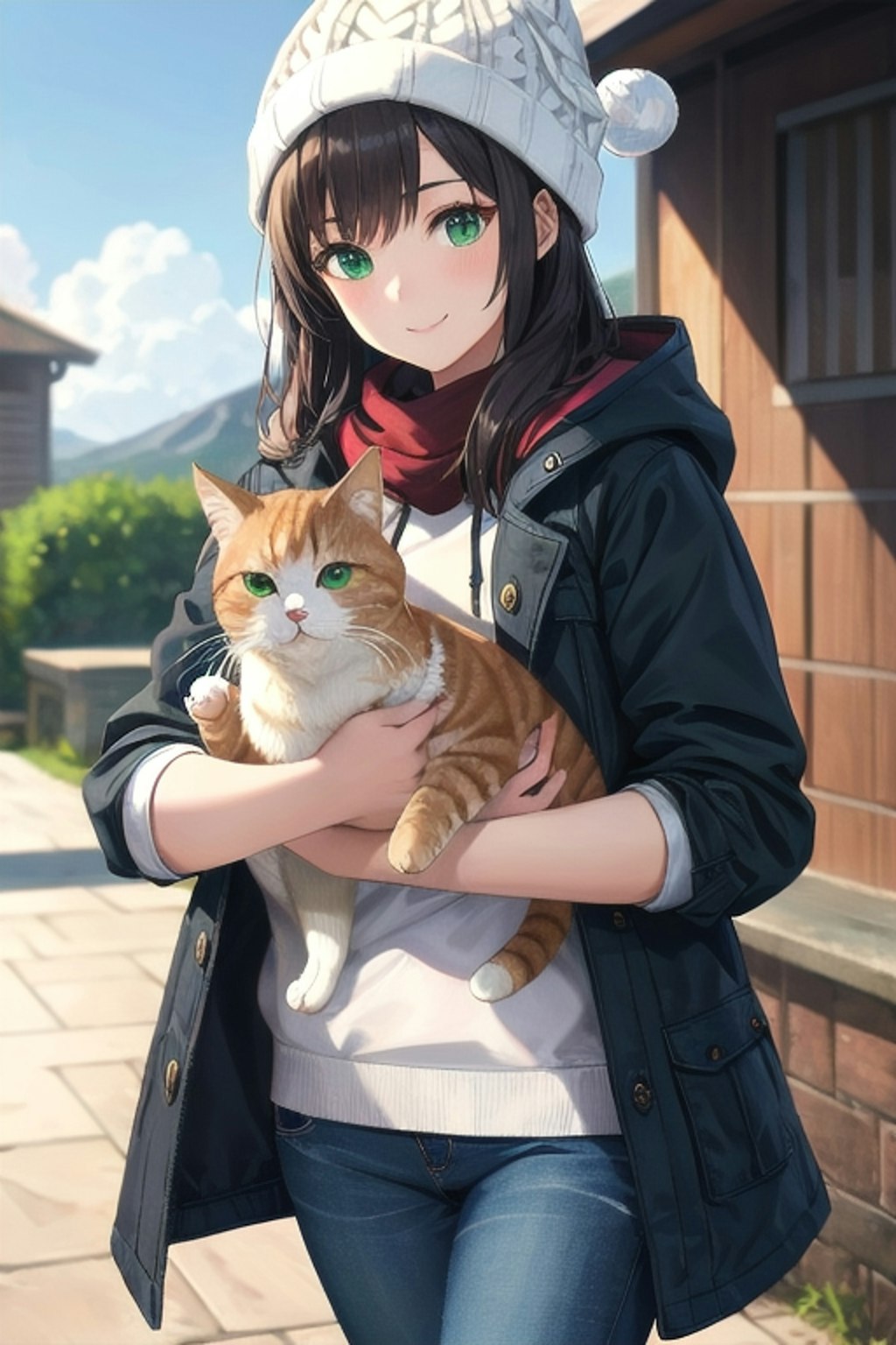 猫と白い帽子の彼女