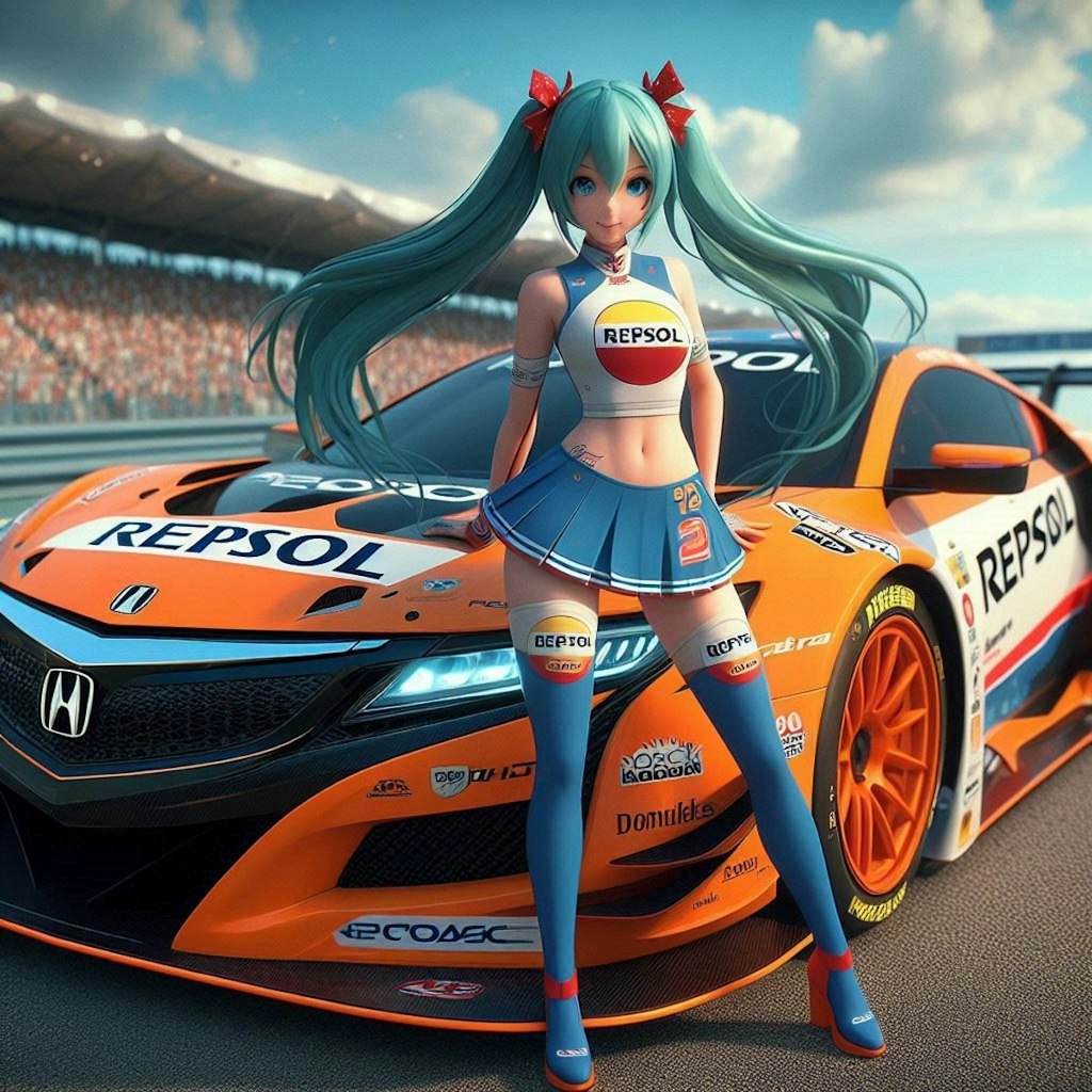 レプソルカラーアキュラレーシングカーとチアガール初音ミク