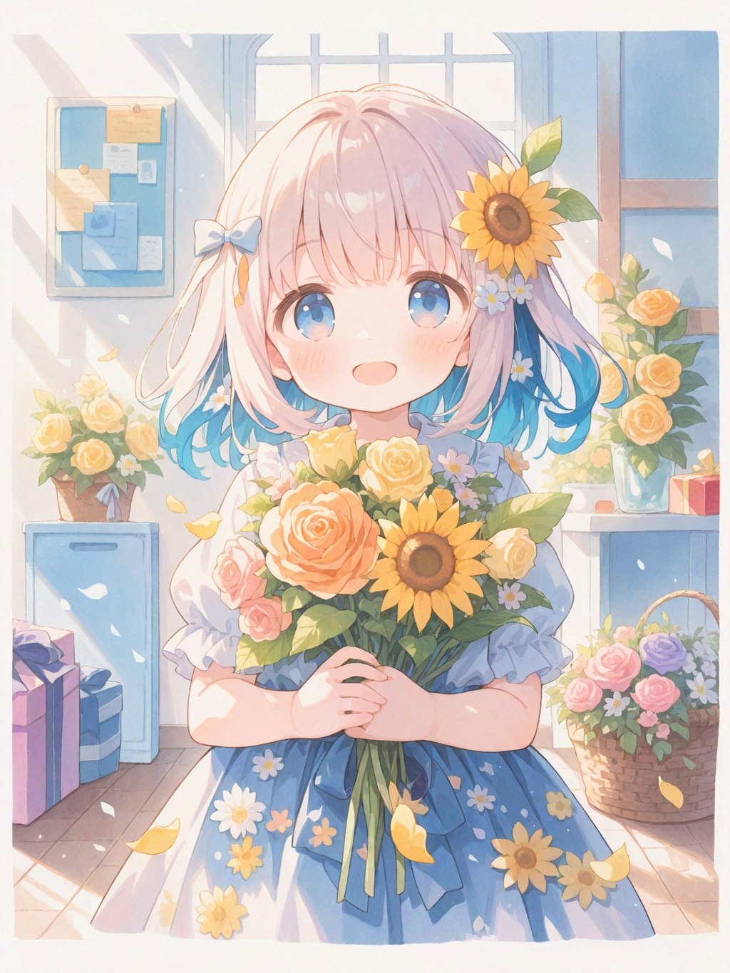 父の日に贈るひまわりとオレンジローズ