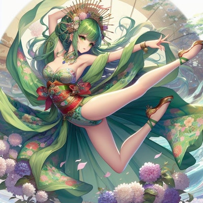 振袖風レオタードを着た緑髪美女ダンサー1 (5枚)