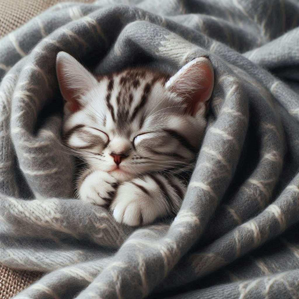 毛布にくるまれて眠る子猫