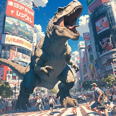 渋谷の交差点の中央で咆哮を上げるティラノサウルス