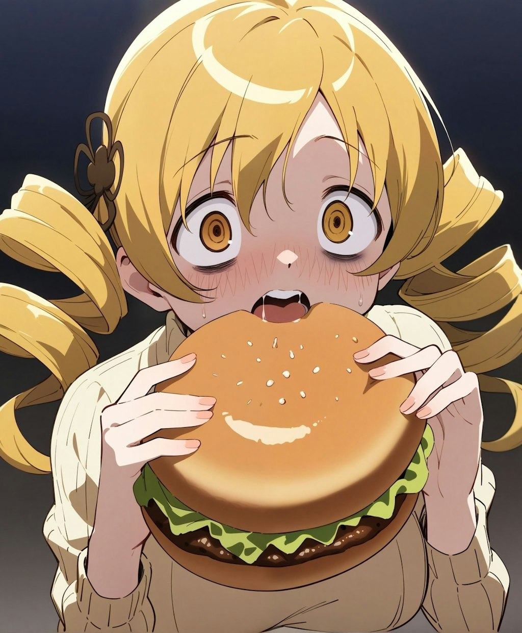 でかすぎるハンバーガーを貪るマミさん