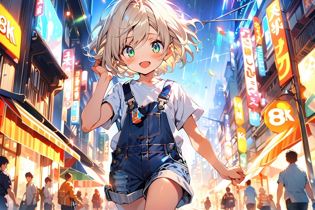 A young girl in overalls met on the street at night