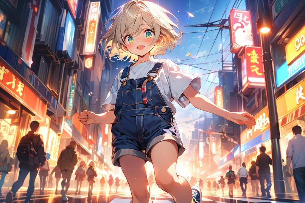 A young girl in overalls met on the street at night