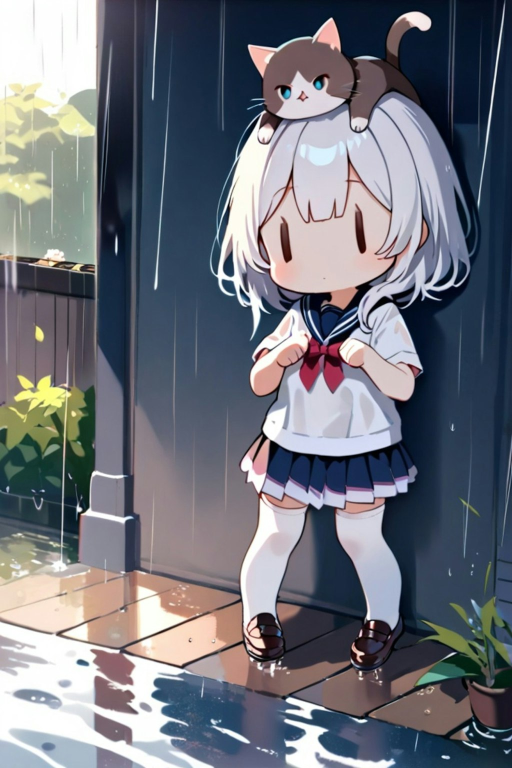雨と白髪ちゃんと猫