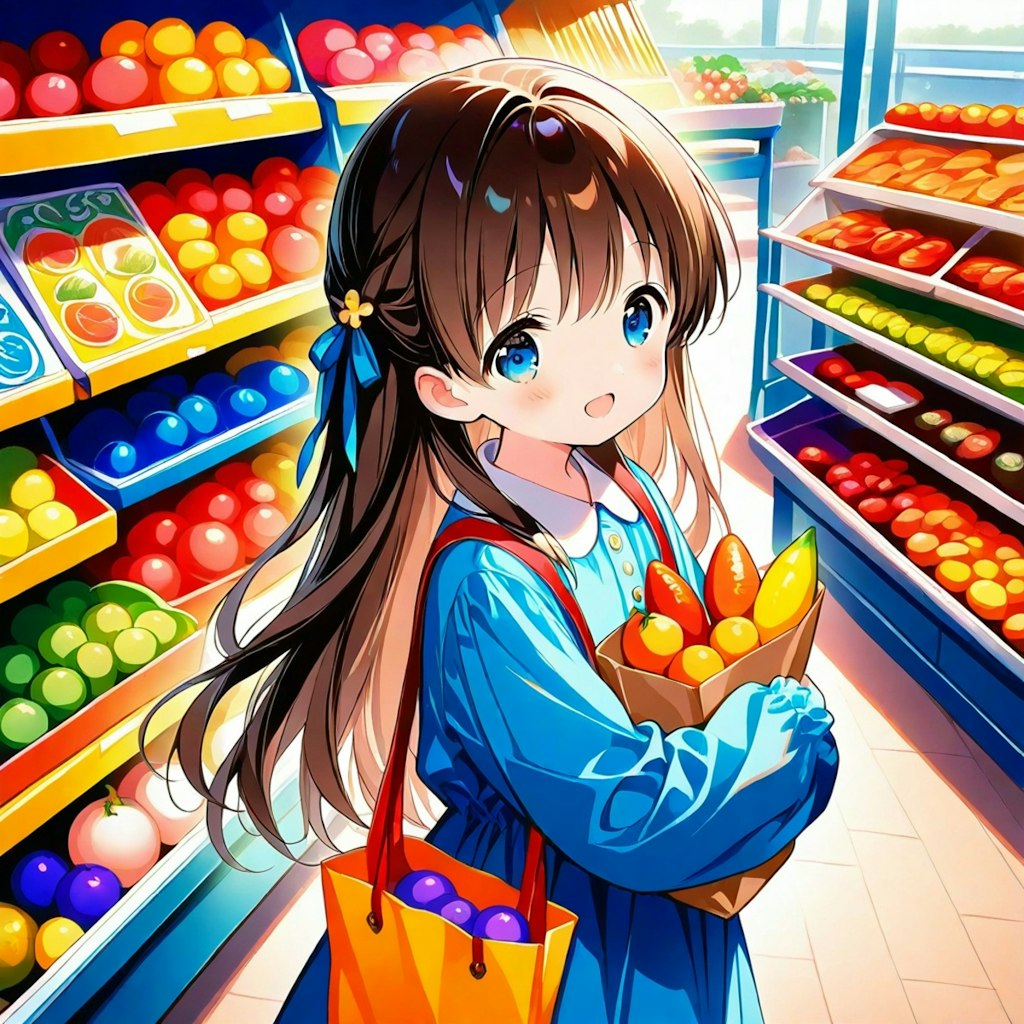 市場で買い物をする小さな女の子