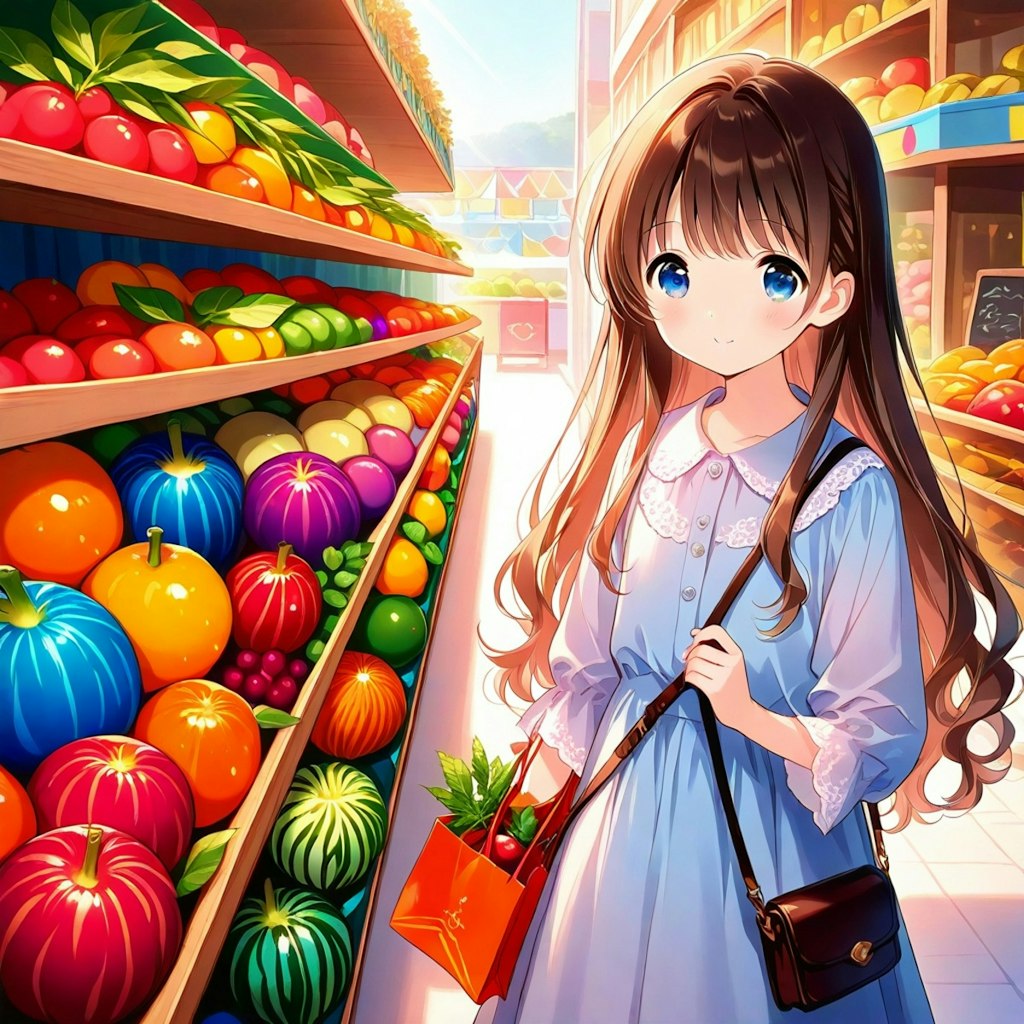 市場で買い物をする小さな女の子