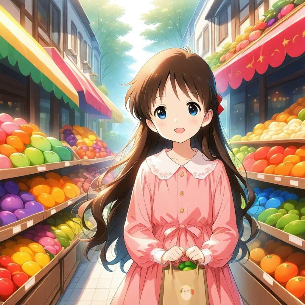 市場で買い物をする小さな女の子