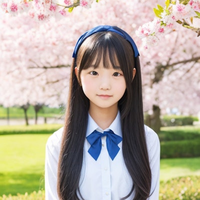 桜の下、中学校入学の制服少女