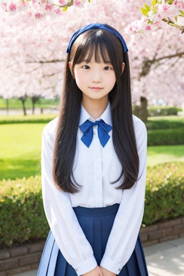 桜の下、中学校入学の制服少女