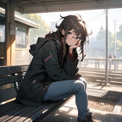 駅のベンチの女の子