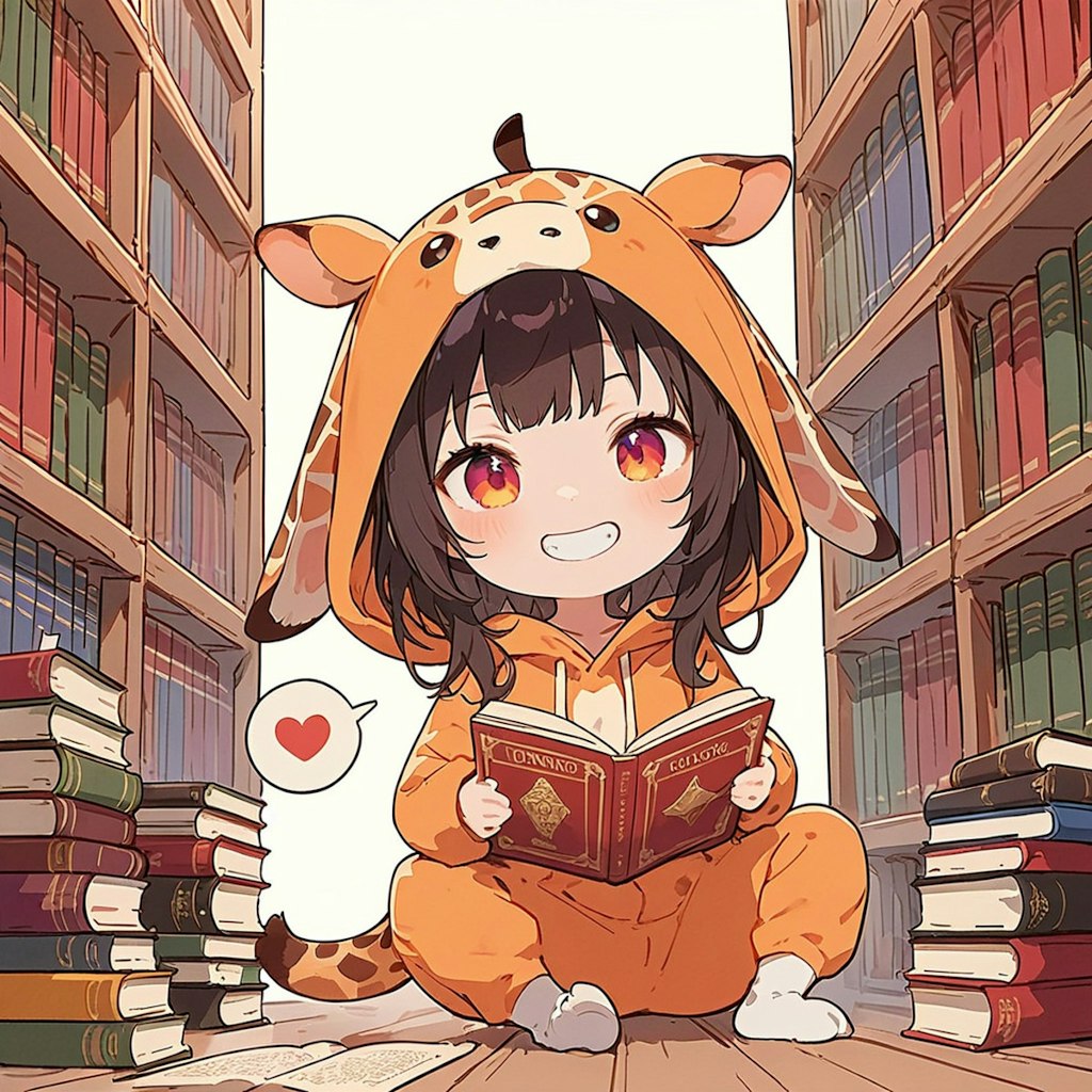 図書館で読書するキリン着ぐるみちび子ちゃん