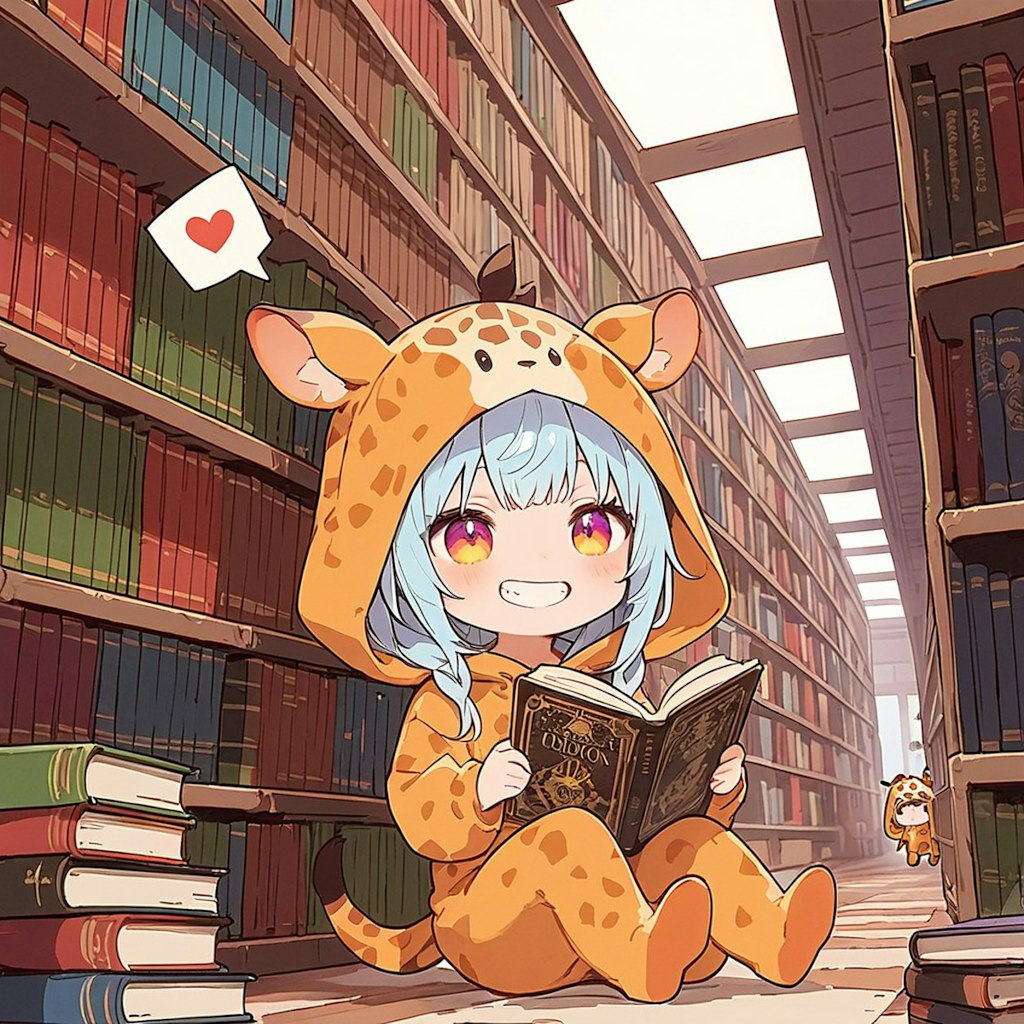 図書館で読書するキリン着ぐるみちび子ちゃん