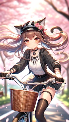楽しそうに自転車に乗る猫耳美少女