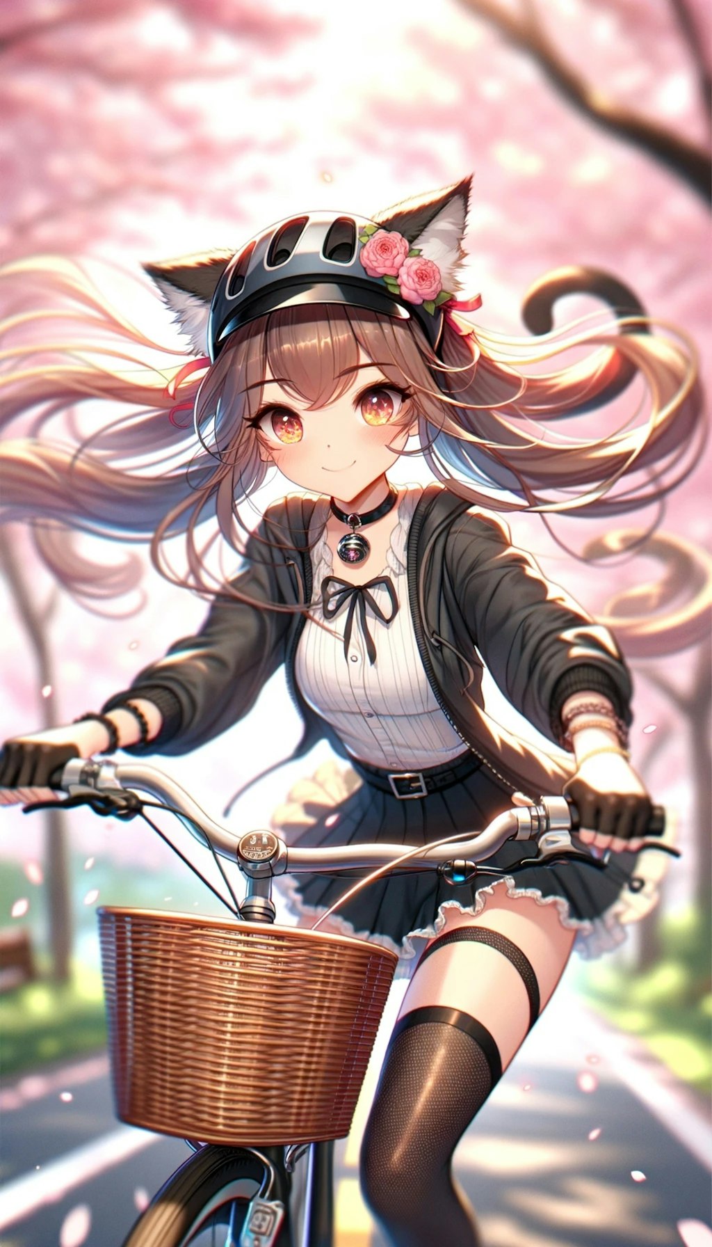 楽しそうに自転車に乗る猫耳美少女