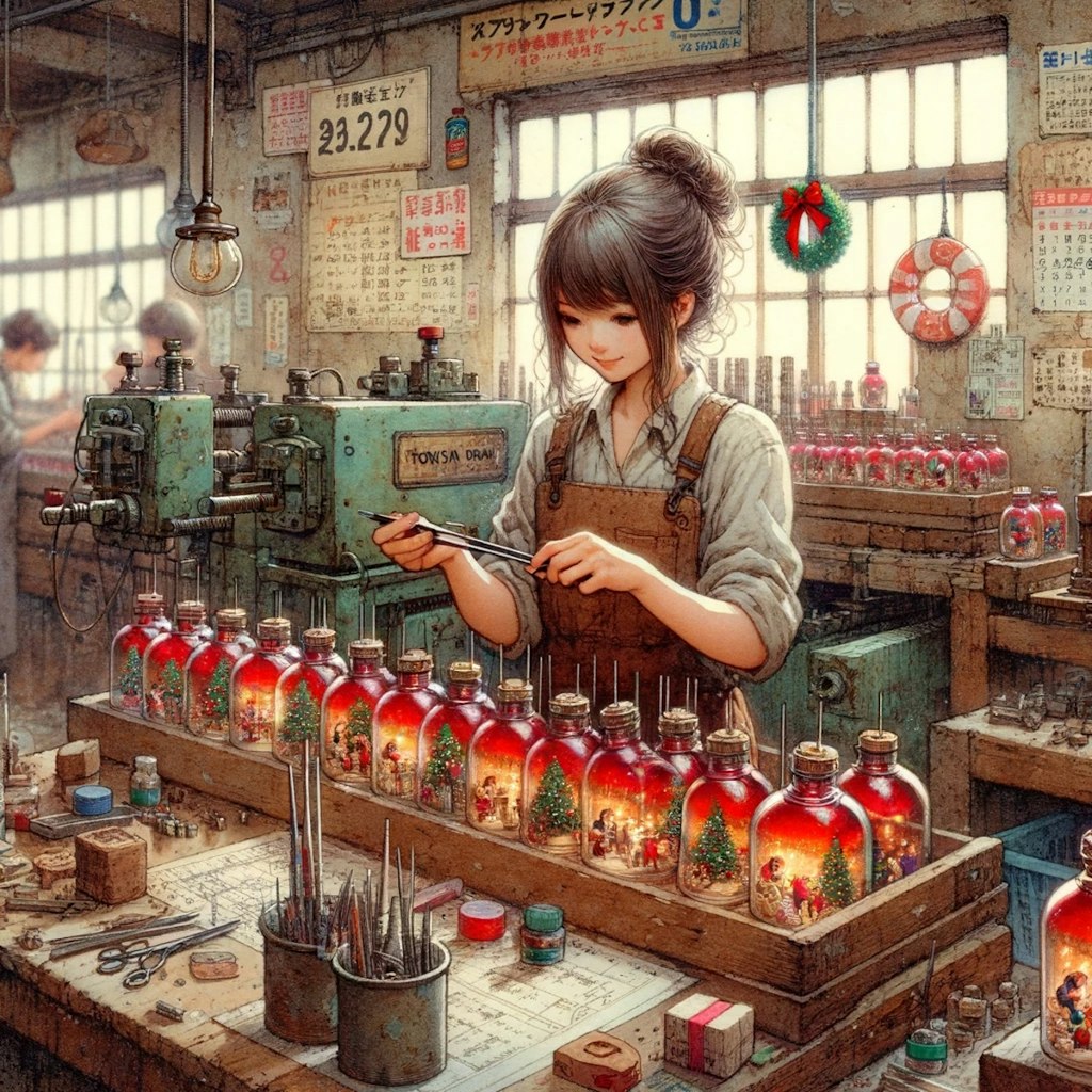クリスマスボトル製作の仕上げをしている女の子