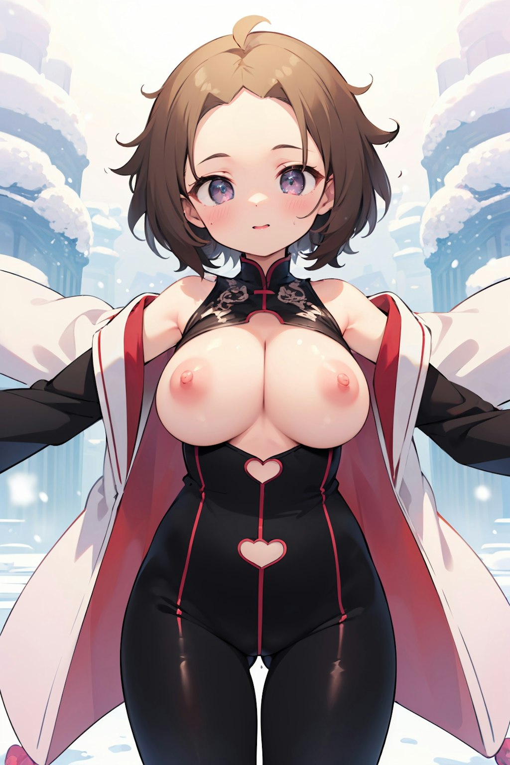 複雑カットボディースーツでポロリ