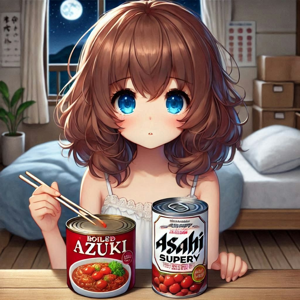 あずき缶で晩酌な小さな女の子