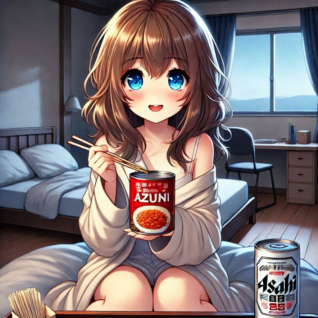 あずき缶で晩酌な小さな女の子