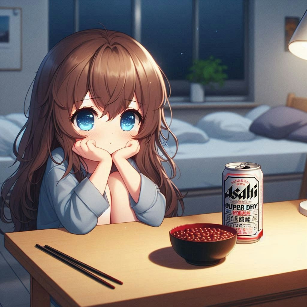 あずき缶で晩酌な小さな女の子