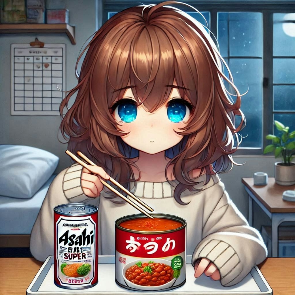 あずき缶で晩酌な小さな女の子