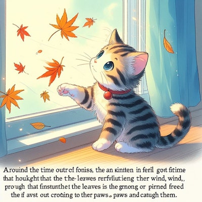 猫の子がちょいと押さえる木の葉かな　アニメ・まんが風