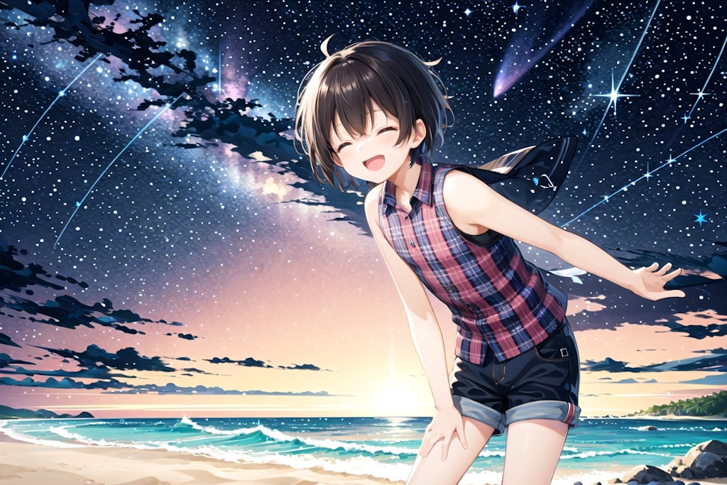 boy on summer beach under starlight