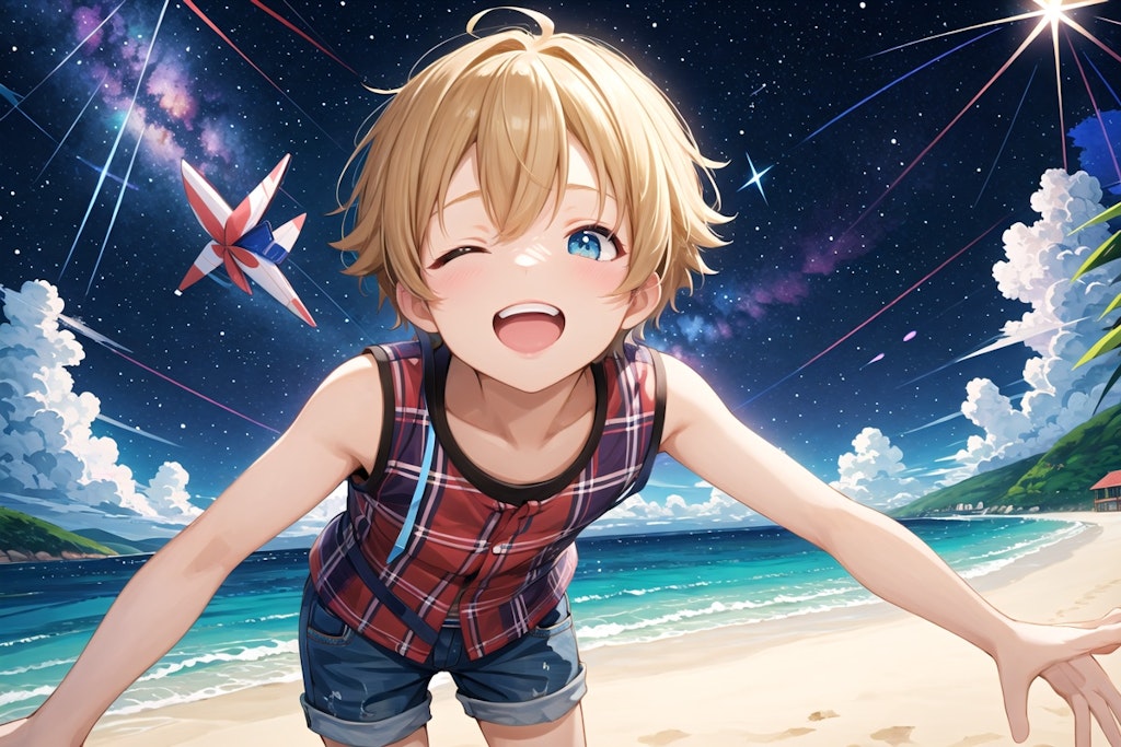 boy on summer beach under starlight