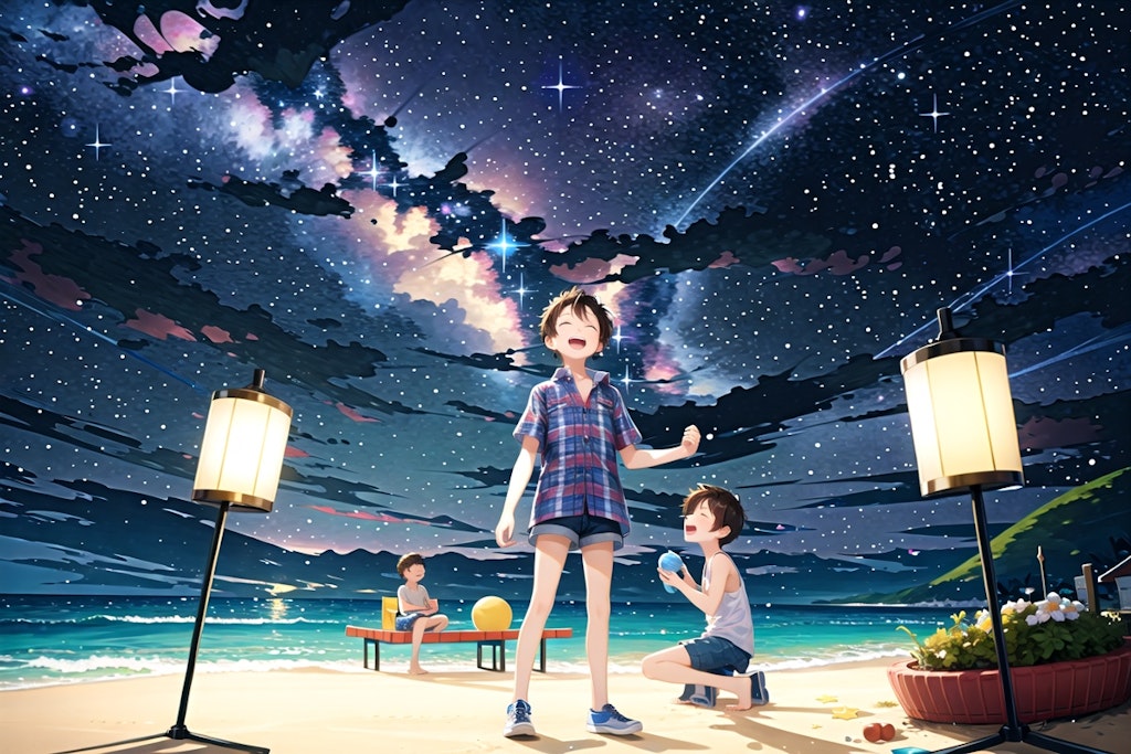 boy on summer beach under starlight