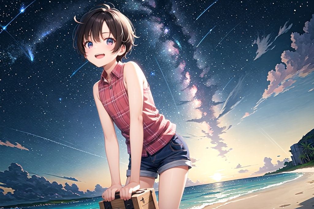 boy on summer beach under starlight