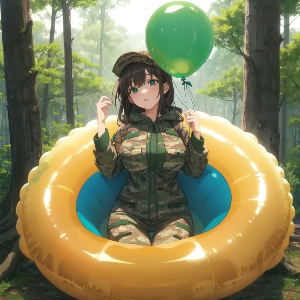 森の中浮き輪の中で風船を持つ迷彩服の美女
