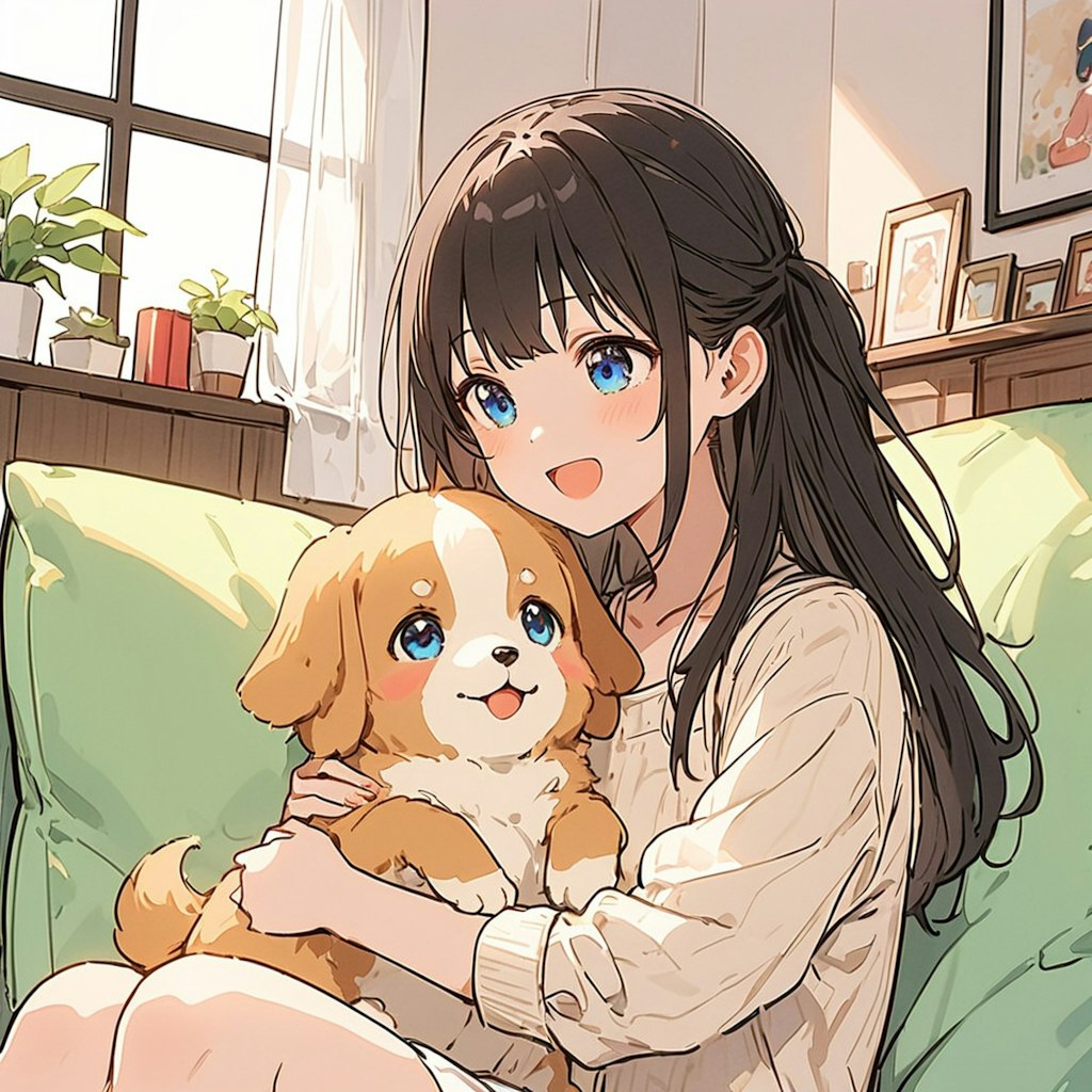 子犬とじゃれている小さな女の子