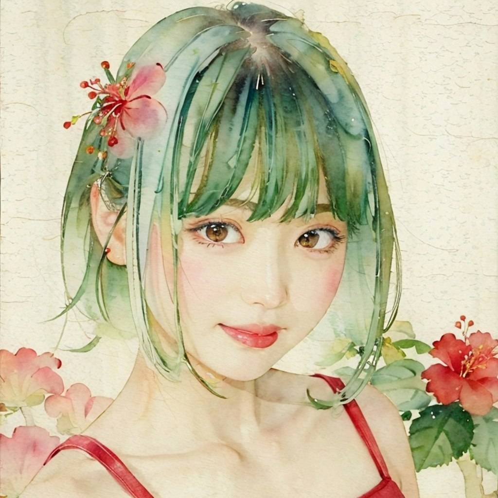 緑髪美女・美少女（水彩）