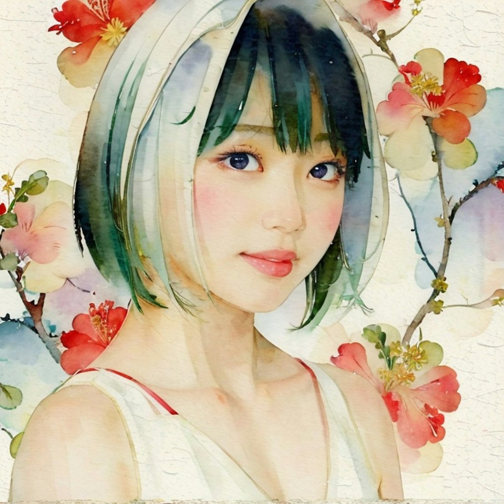 緑髪美女・美少女（水彩）