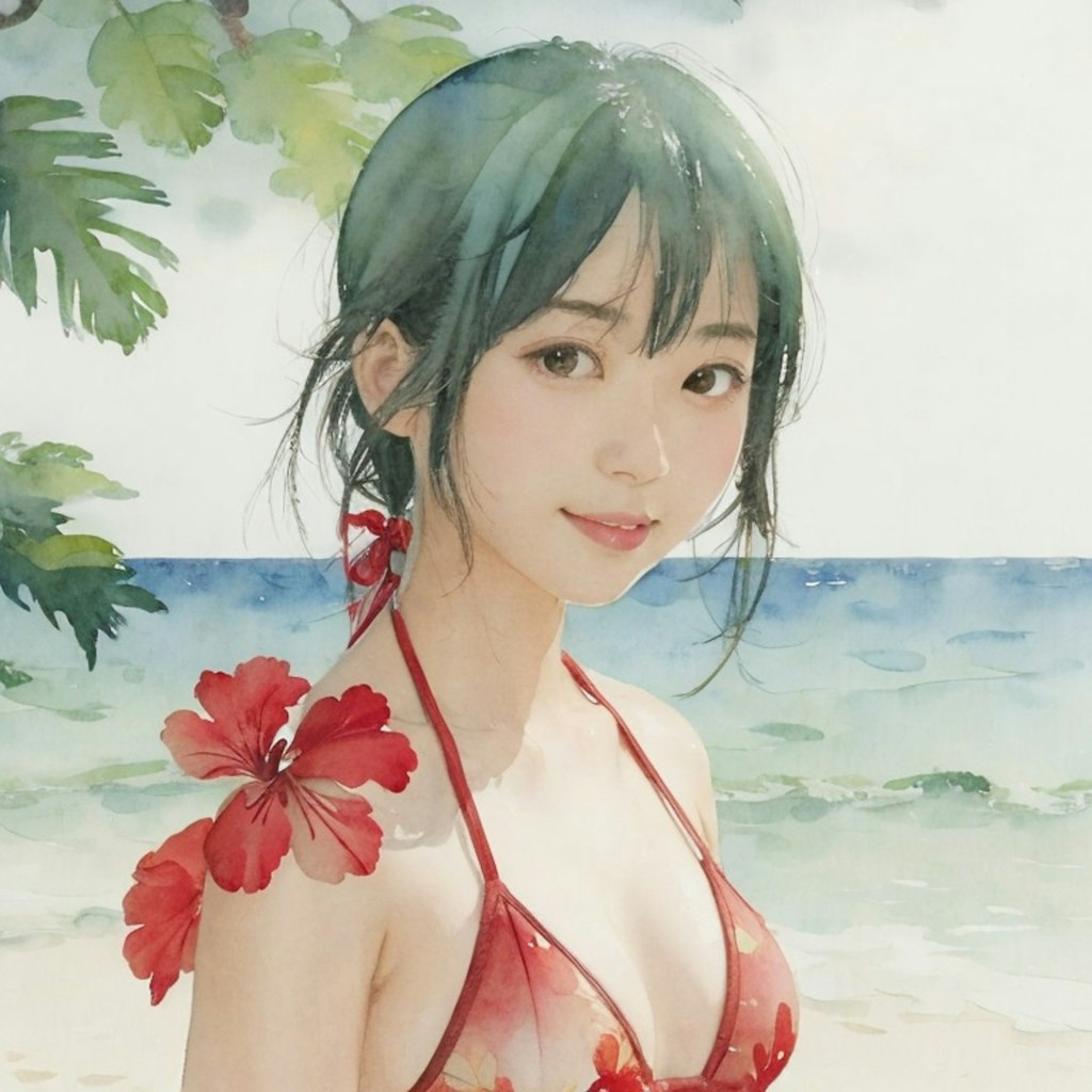 緑髪美女・美少女（水彩）