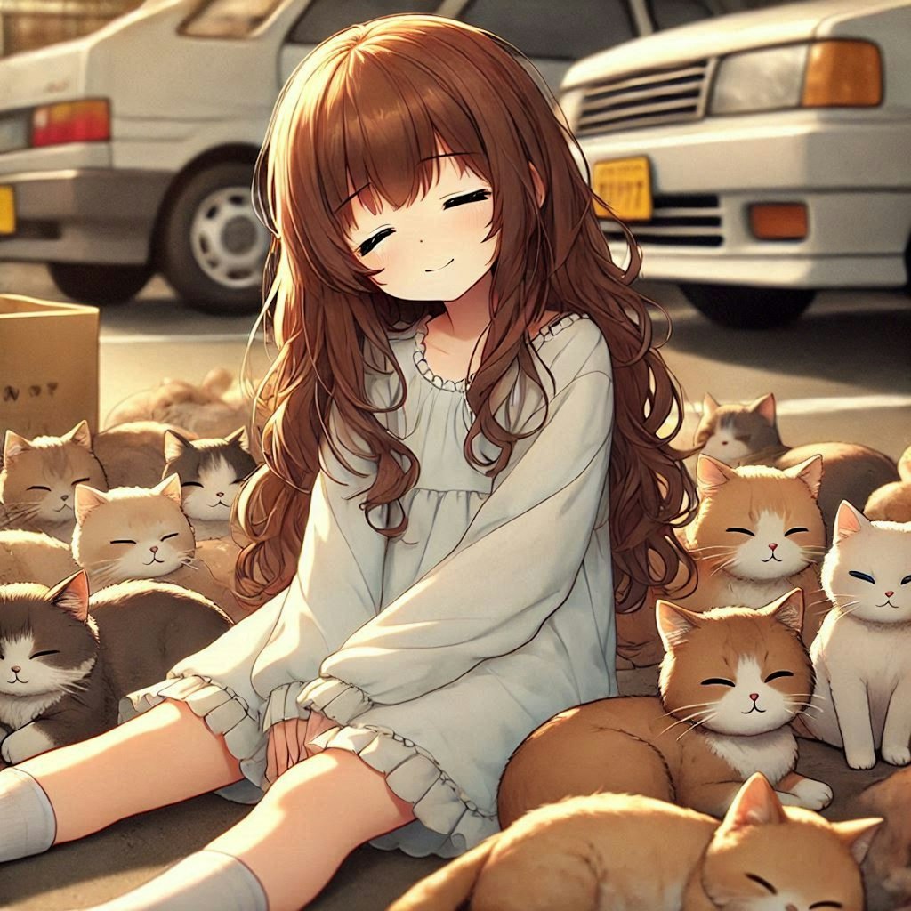 猫の集会に参加している小さな女の子