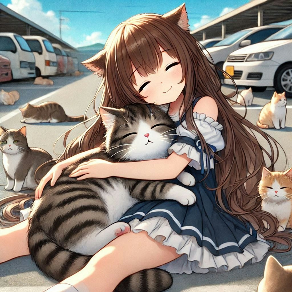 猫の集会に参加している小さな女の子