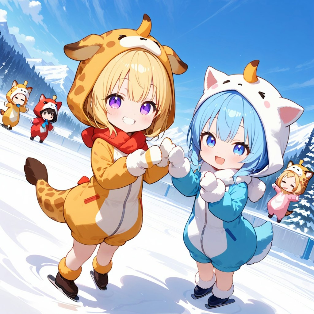 雪原とキリン着ぐるみちび子ちゃん