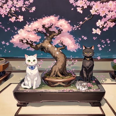 桜の盆栽と猫達