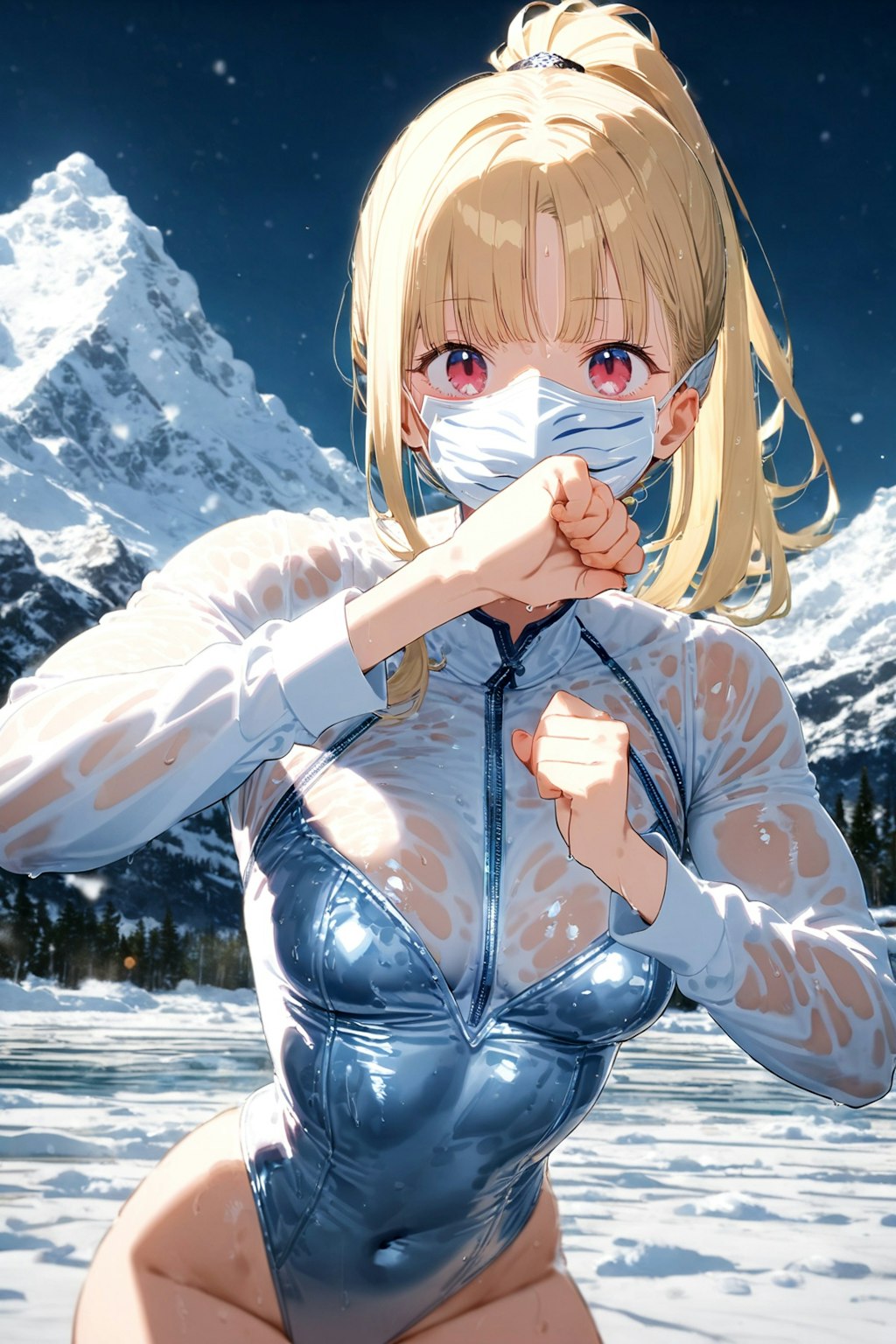 Masked leotard in the snowy mountains