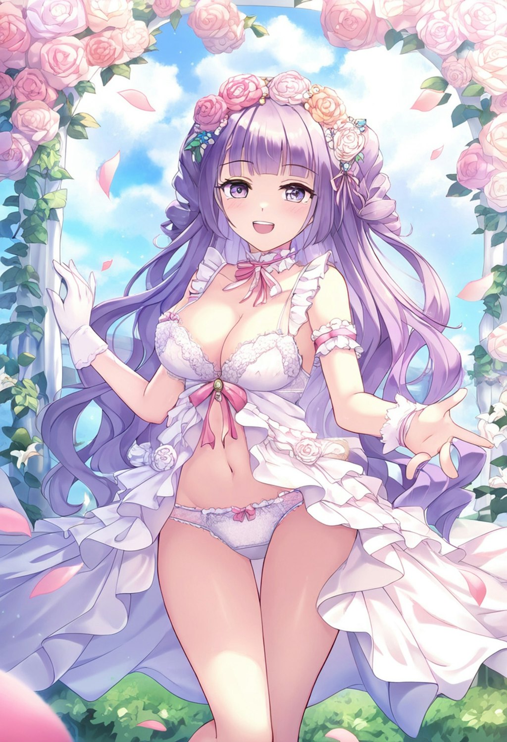 A girl with wavy purple hair and lace lingerie picks flowers in a bright garden