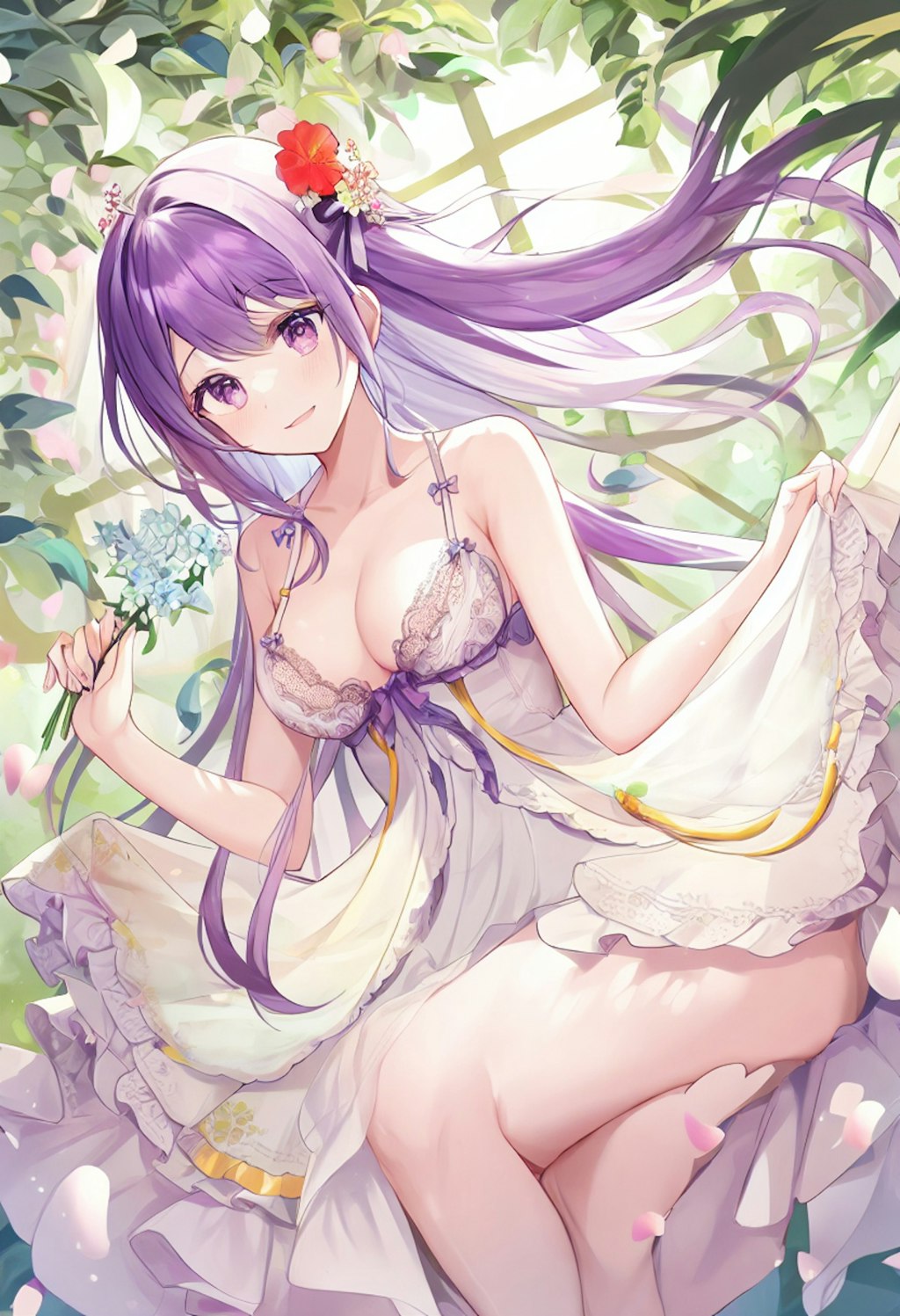 A girl with wavy purple hair and lace lingerie picks flowers in a bright garden