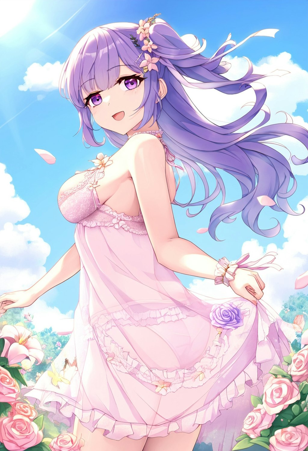 A girl with wavy purple hair and lace lingerie picks flowers in a bright garden