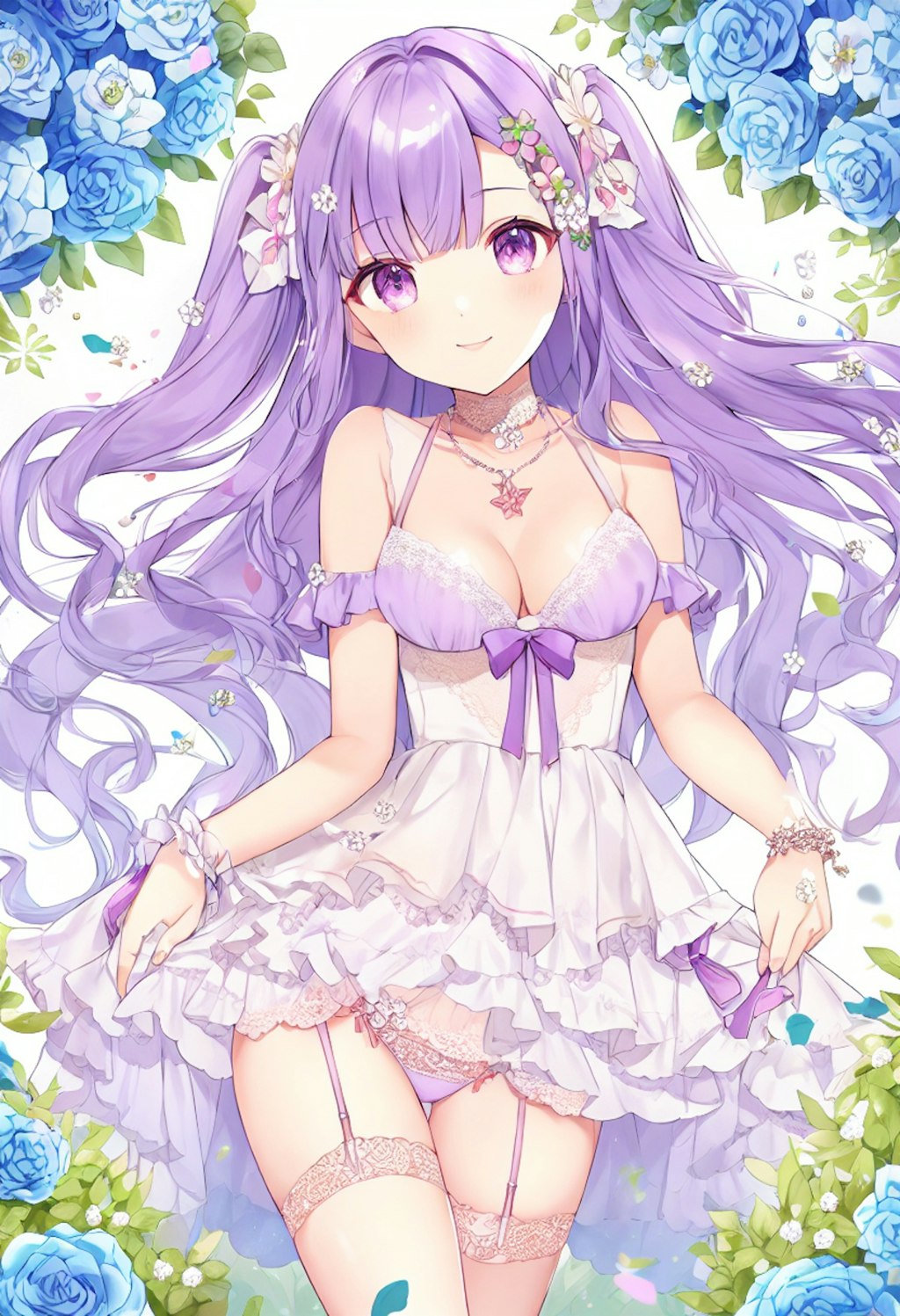 A girl with wavy purple hair and lace lingerie picks flowers in a bright garden