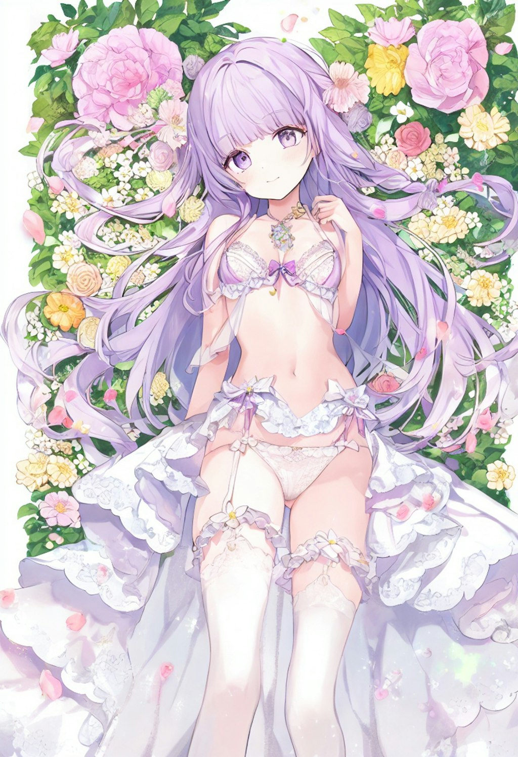 A girl with wavy purple hair and lace lingerie picks flowers in a bright garden