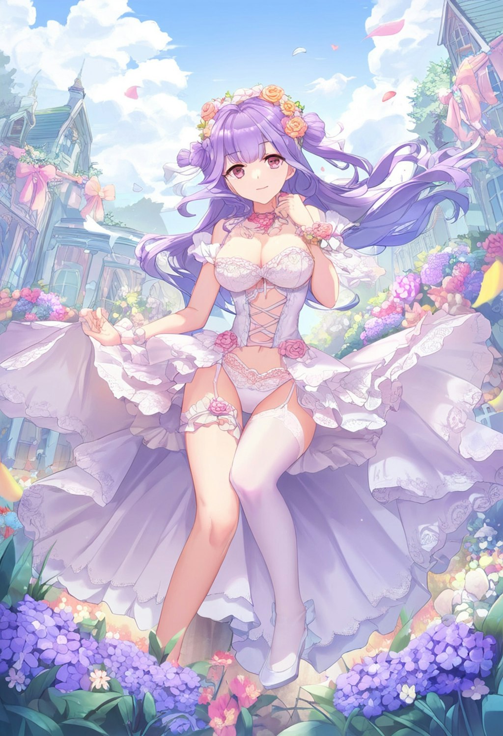 A girl with wavy purple hair and lace lingerie picks flowers in a bright garden