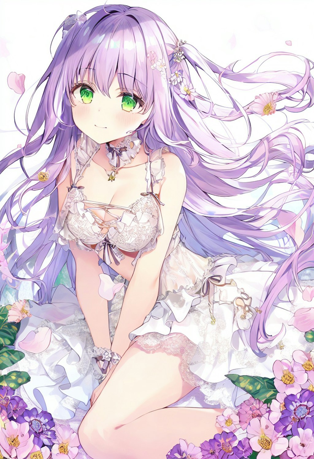 A girl with wavy purple hair and lace lingerie picks flowers in a bright garden