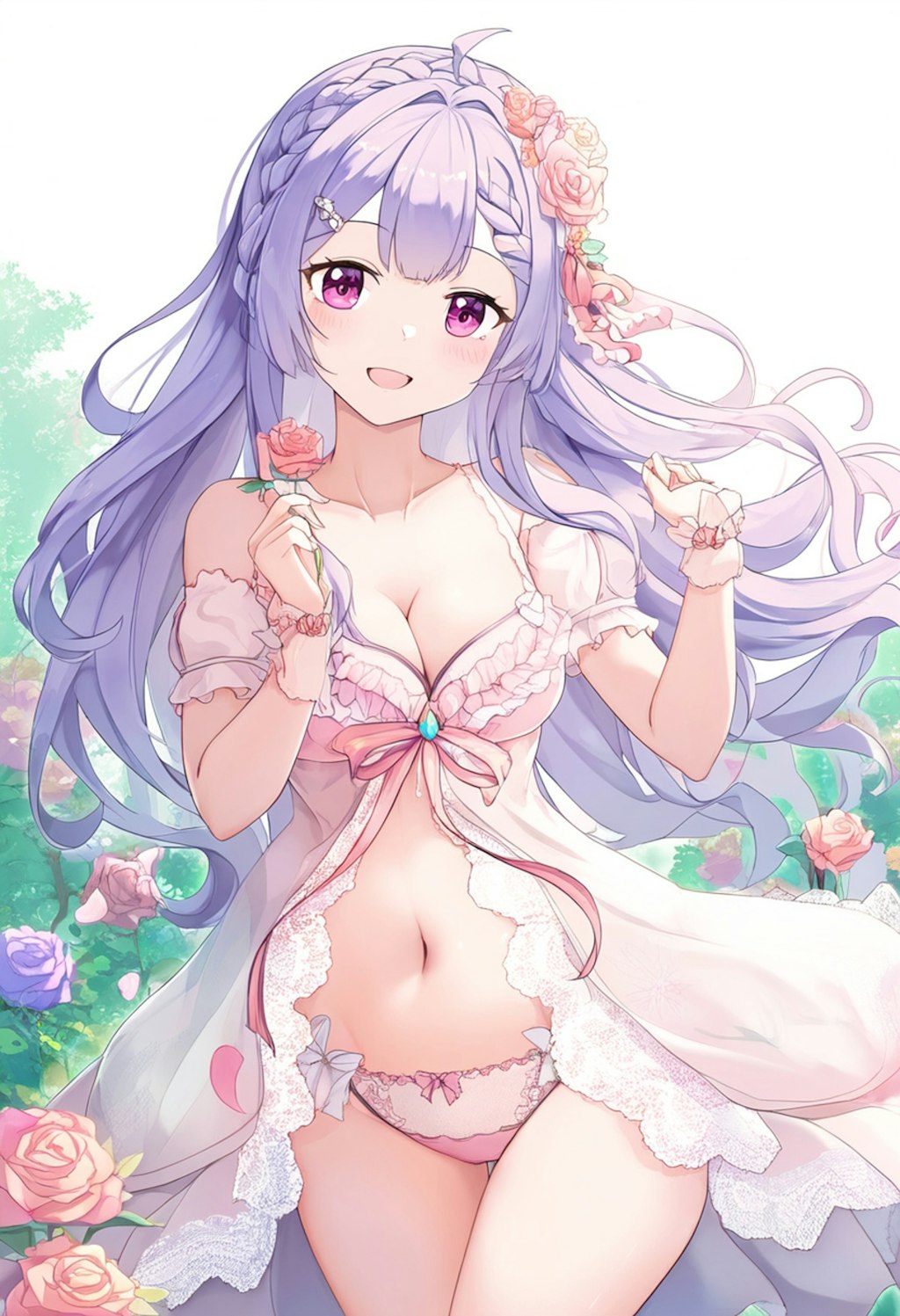 A girl with wavy purple hair and lace lingerie picks flowers in a bright garden